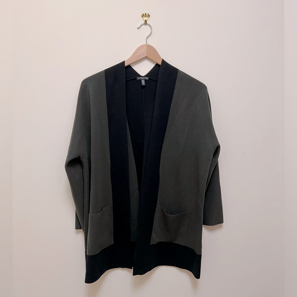Eileen Fisher 2x olive/black cardigan, like new